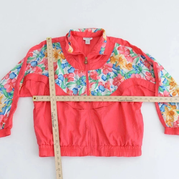 Vintage Lavon 90's 'Neon Coral & Floral Nylon Zip Up  Windbreaker Jacket L - Picture 4 of 11